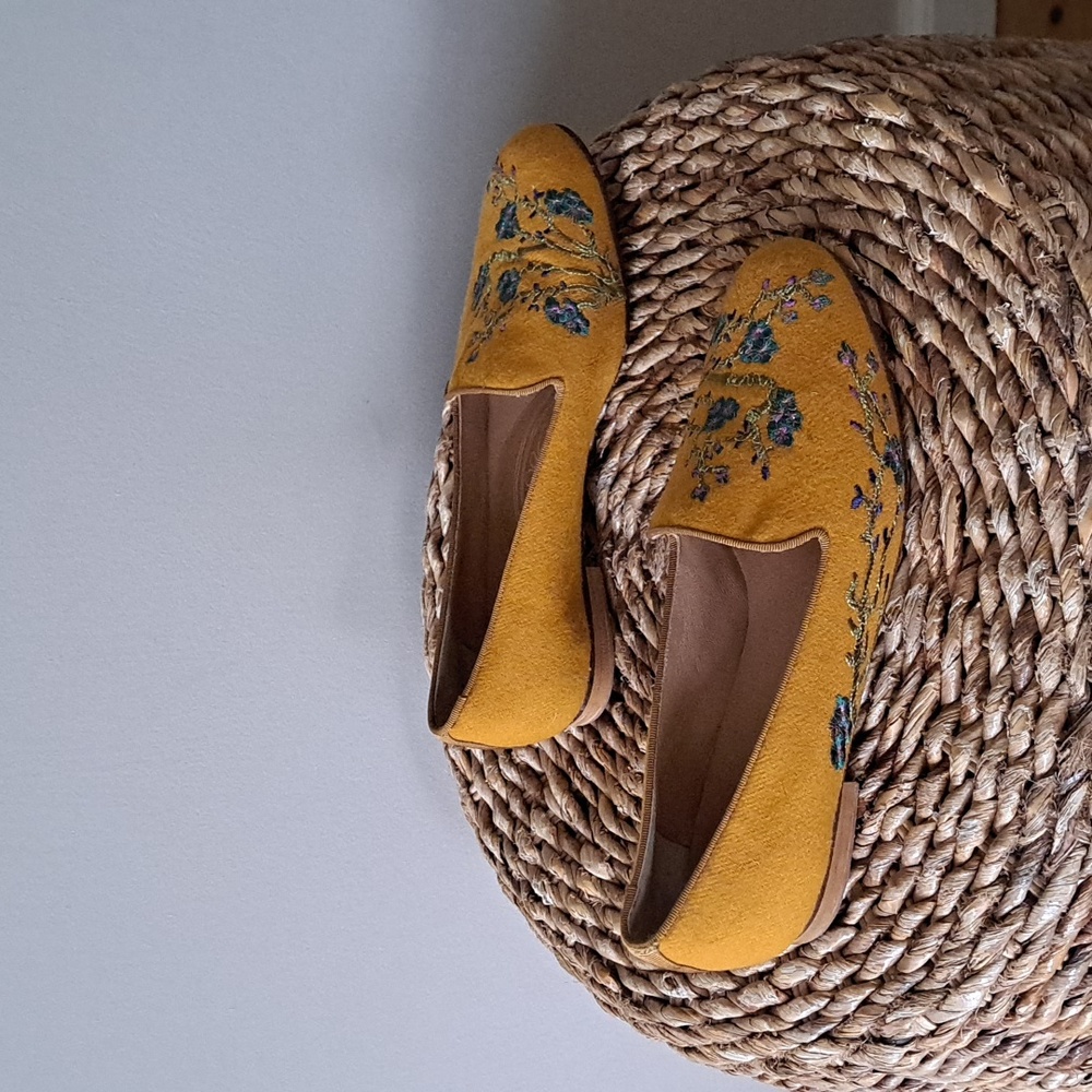 Jon Josef Womens Mustard Yellow Linen Smoking Loafers Floral Embroidery S - 8